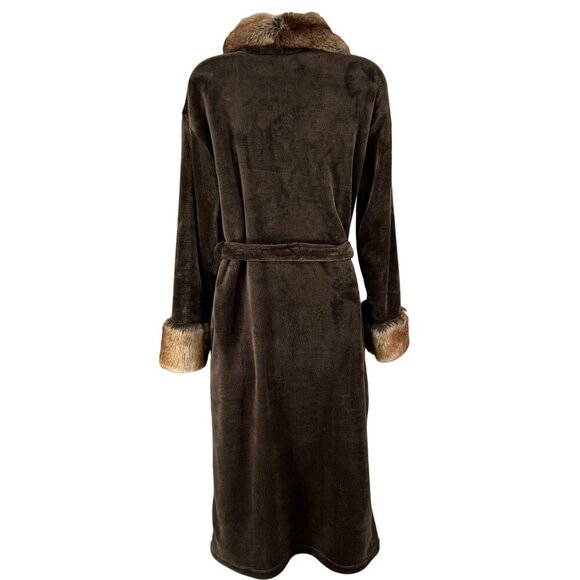 Adrienne Landau Womens L Faux Fox Fur Trim Robe Belted Cozy Plush Quiet Luxury - Picture 8 of 13